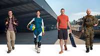 Militär, Sport & Beruf: Diverse Gruppe posiert gemeinsam in Uniformen und Alltagskleidung.